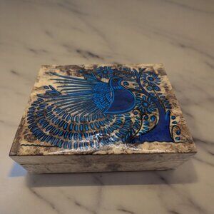 VTG Handmade Amati Painted Bark Box With Blue Peacock Design & Hinged Lid